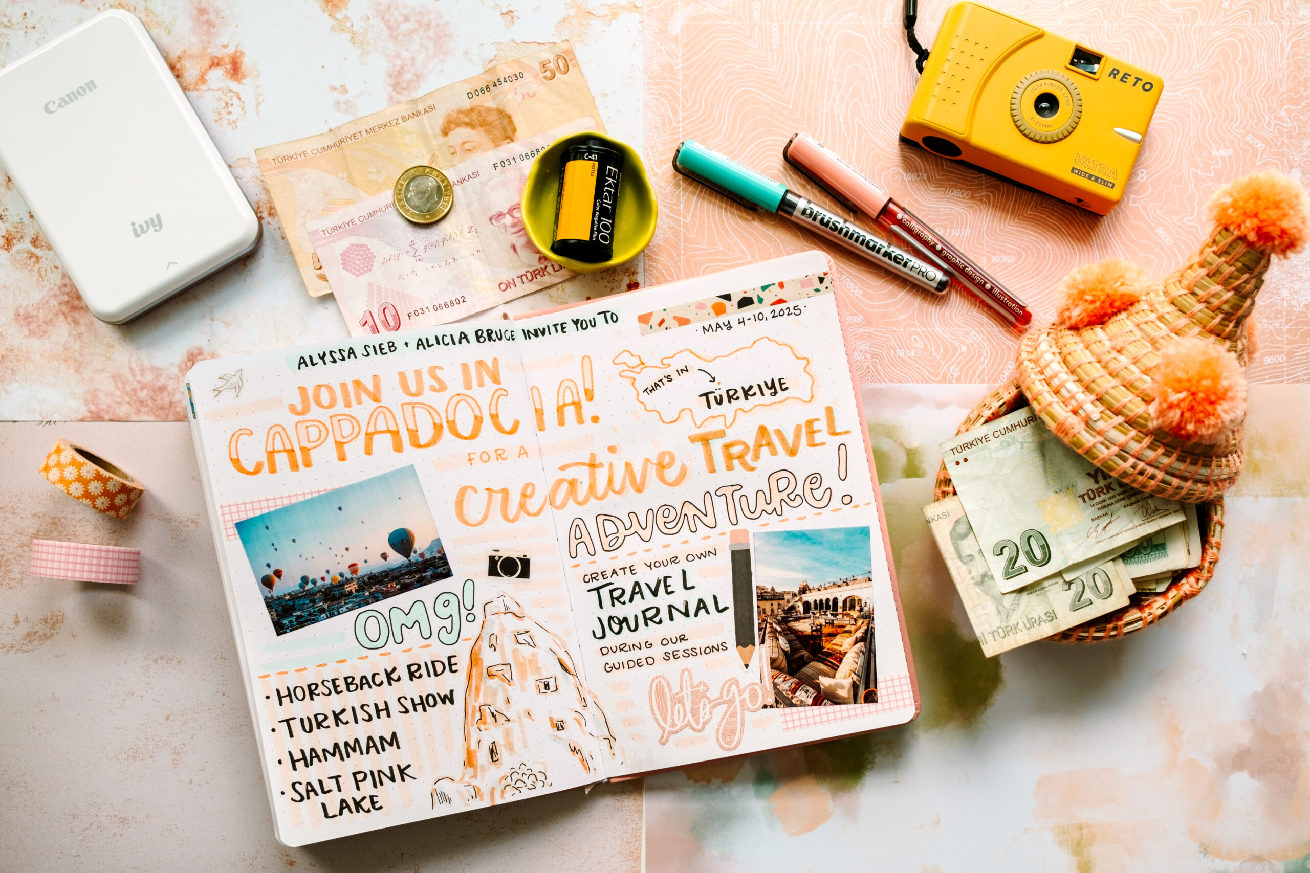 artistic travel journal advertising for a travel journaling creative retreat to cappadocia, turkey